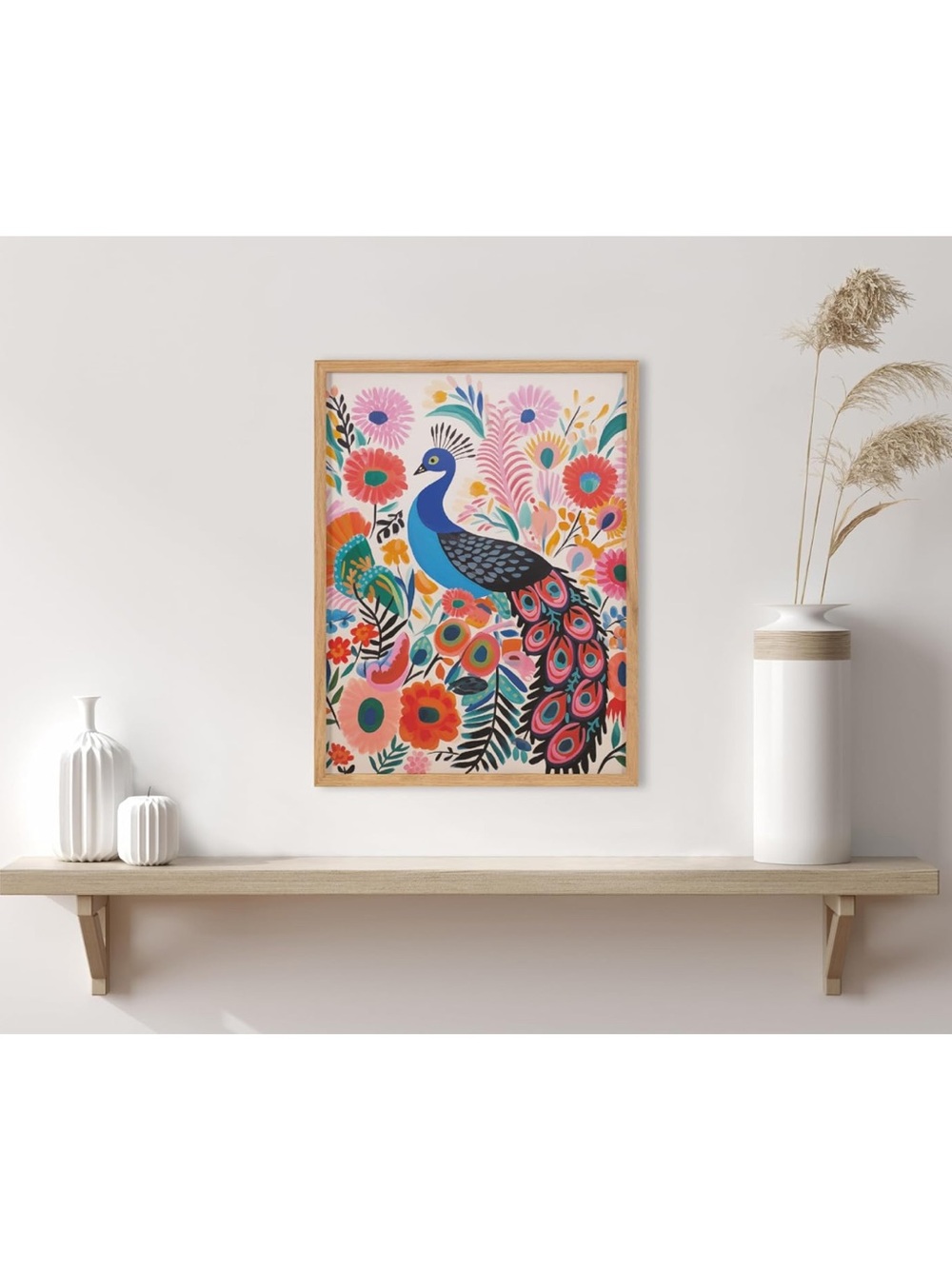KATE & LAUREL Colorful Peacock Floral Art Print - Blue & Pink